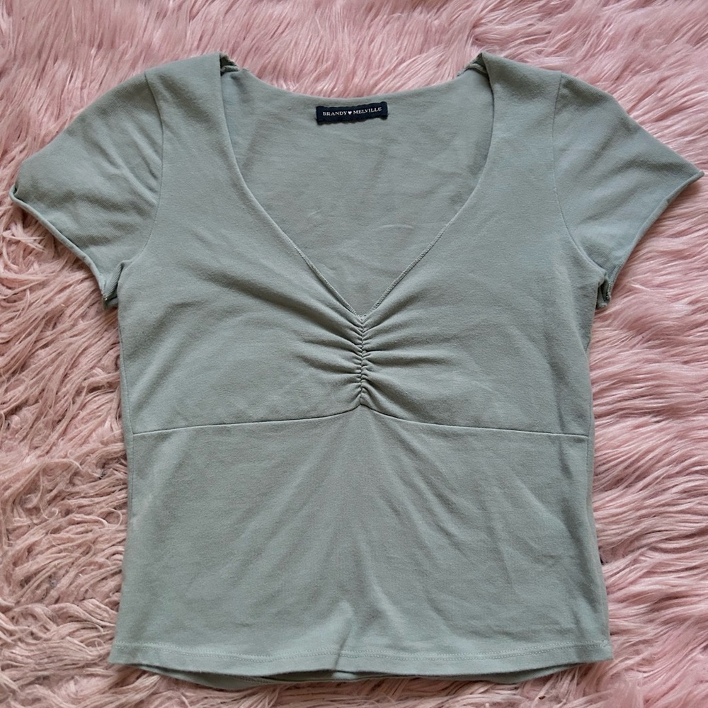 Brandy Melville Cinched Pastel Teal Blue/Green Preppy V-Neck Crop Top